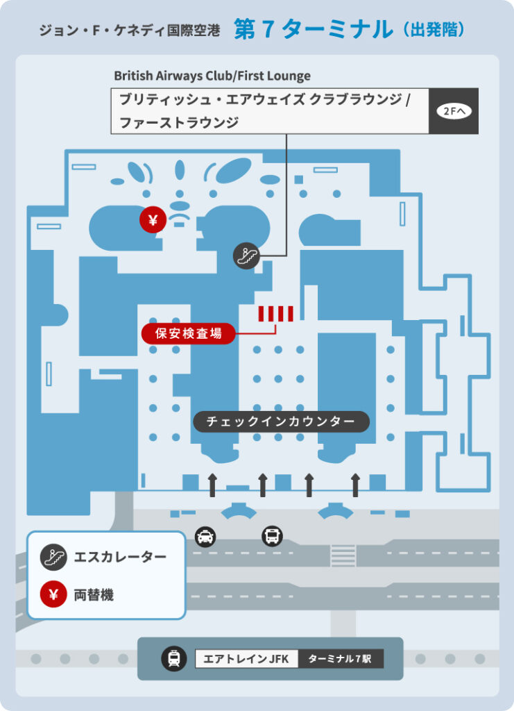 ジョン・F・ケネディ国際空港（JFK空港）の第7ターミナルで日本人がよく使う施設の位置を図解