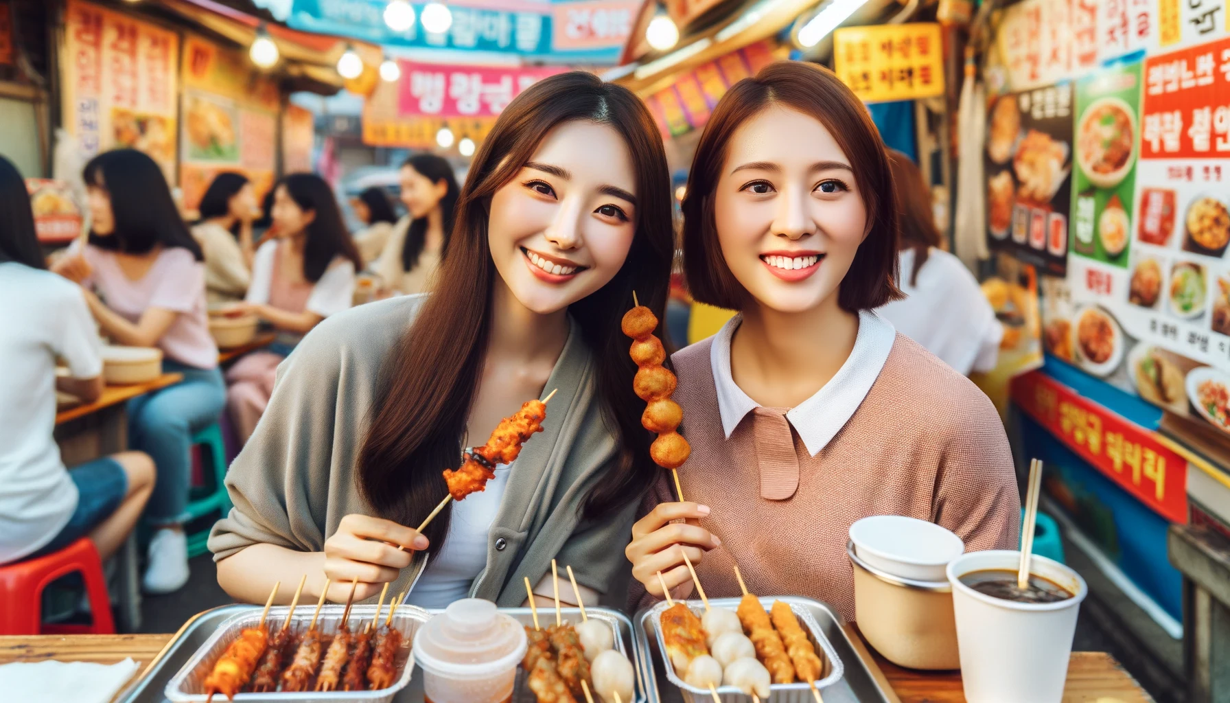 韓国の市場で食べ歩きをする女性